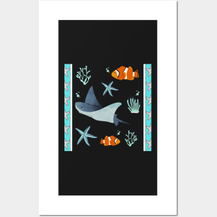 PACIFIC BLUE PATTERN STARFISH ORANGE CLOWNFISH BEACH HOUSE PRINTS DECOR IDEAS AND MORE STINGRAY STARFISH Posters and Art